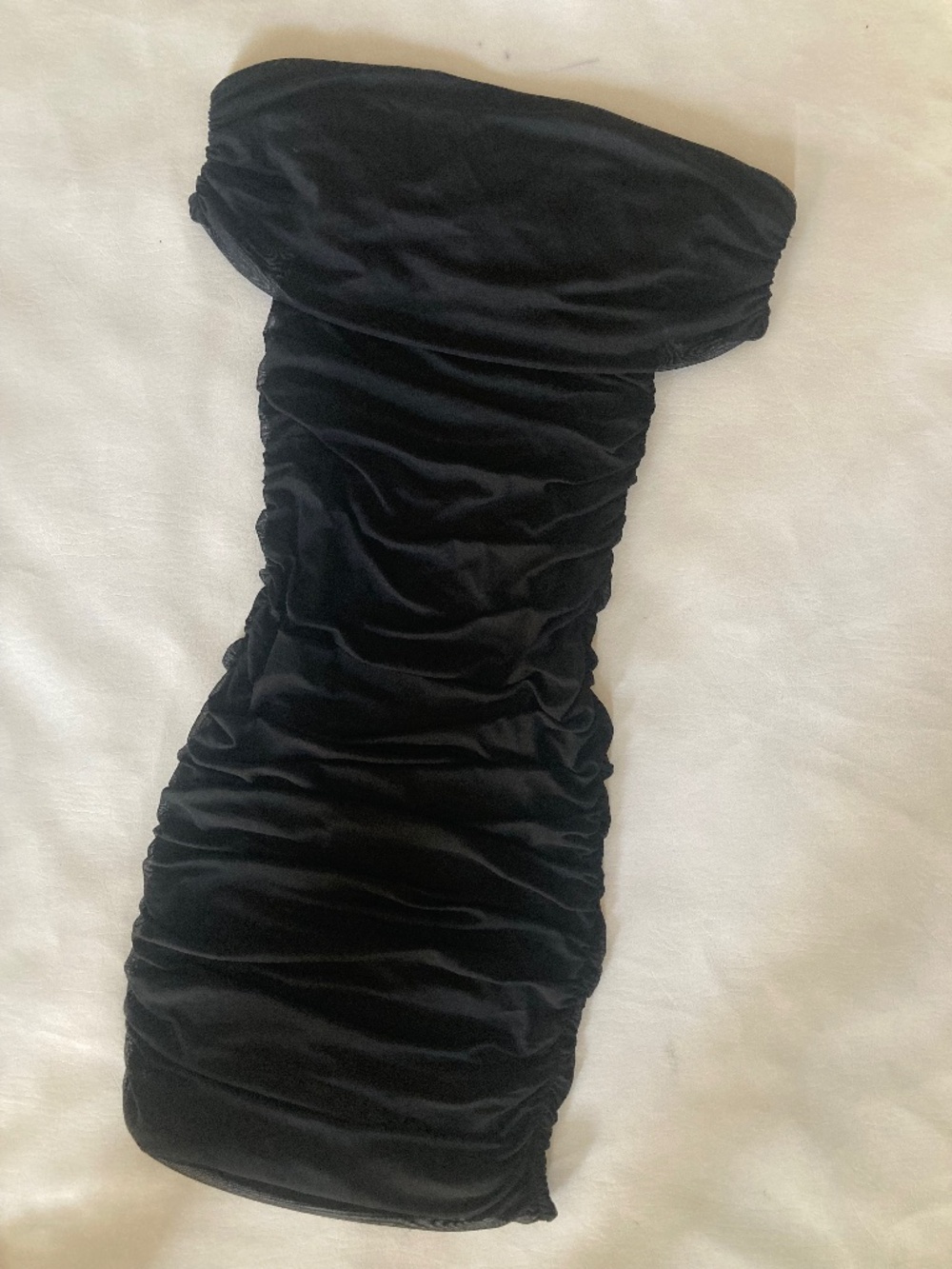 New Bebe black off shoulder mesh ruched sexy bodycon midi dress size s